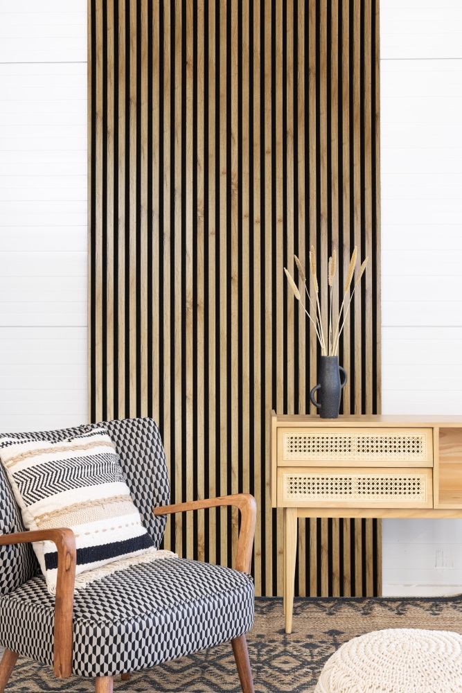 Akustikpaneel 2400 x 600 mm Wildeiche - Akustikfilz  Schwarz - Wandverkleidung Akustikpaneel 2400 x 600 mm Wildeiche - Akustikfilz  Schwarz - Wandverkleidung