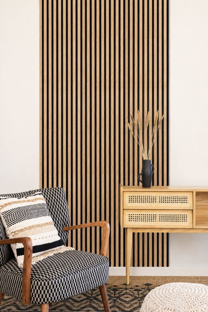 Acoustic+ Akustikpaneel Eiche Natur 2400 x 600 mm - Akustikfilz Schwarz