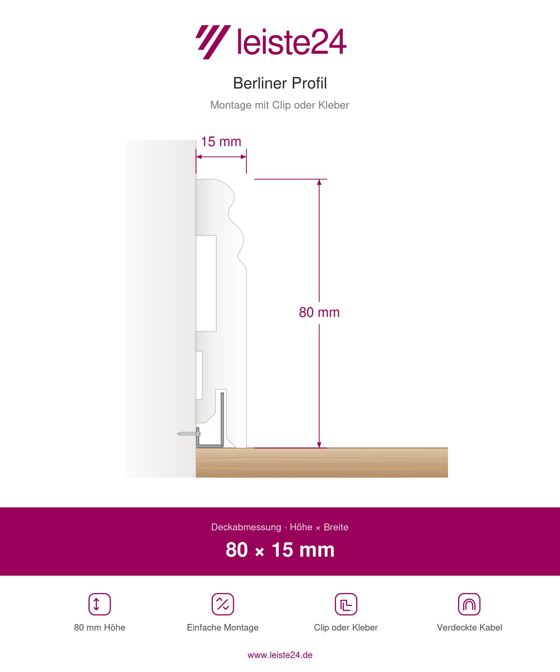 Massivholz-Sockelleiste Berliner Profil 80 x 15 mm - Weiß RAL 9016