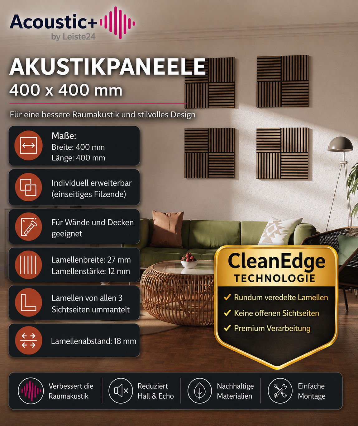 Acoustic+ Akustikpaneel Nordic 400 x 400 mm - Akustikfilz Schwarz