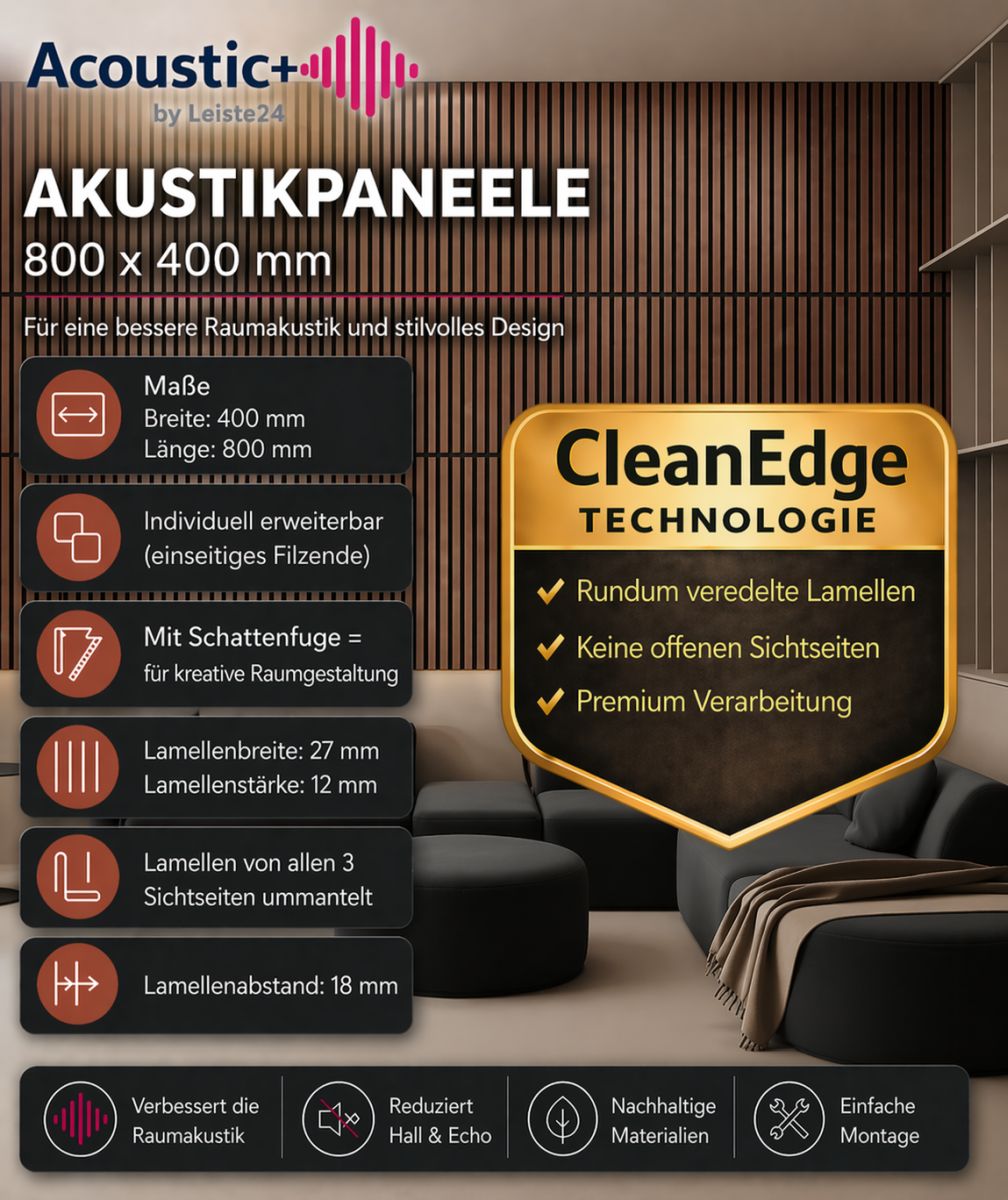 Acoustic+ Akustikpaneel Eiche Dunkel 800 x 400 mm - Akustikfilz Grau