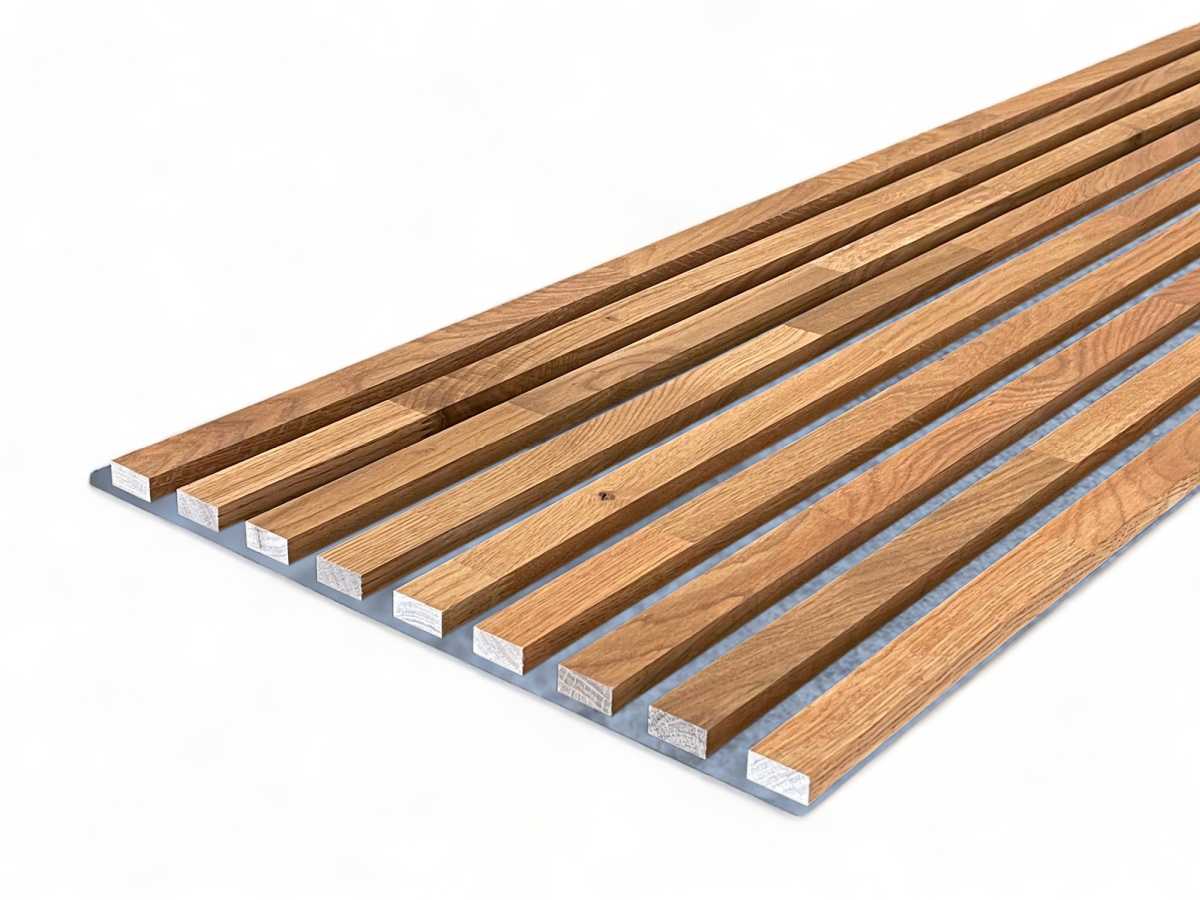 Acoustic+ Massivholz Akustikpaneel Grau 2600 x 400 mm - Eiche Natur - Safran Red