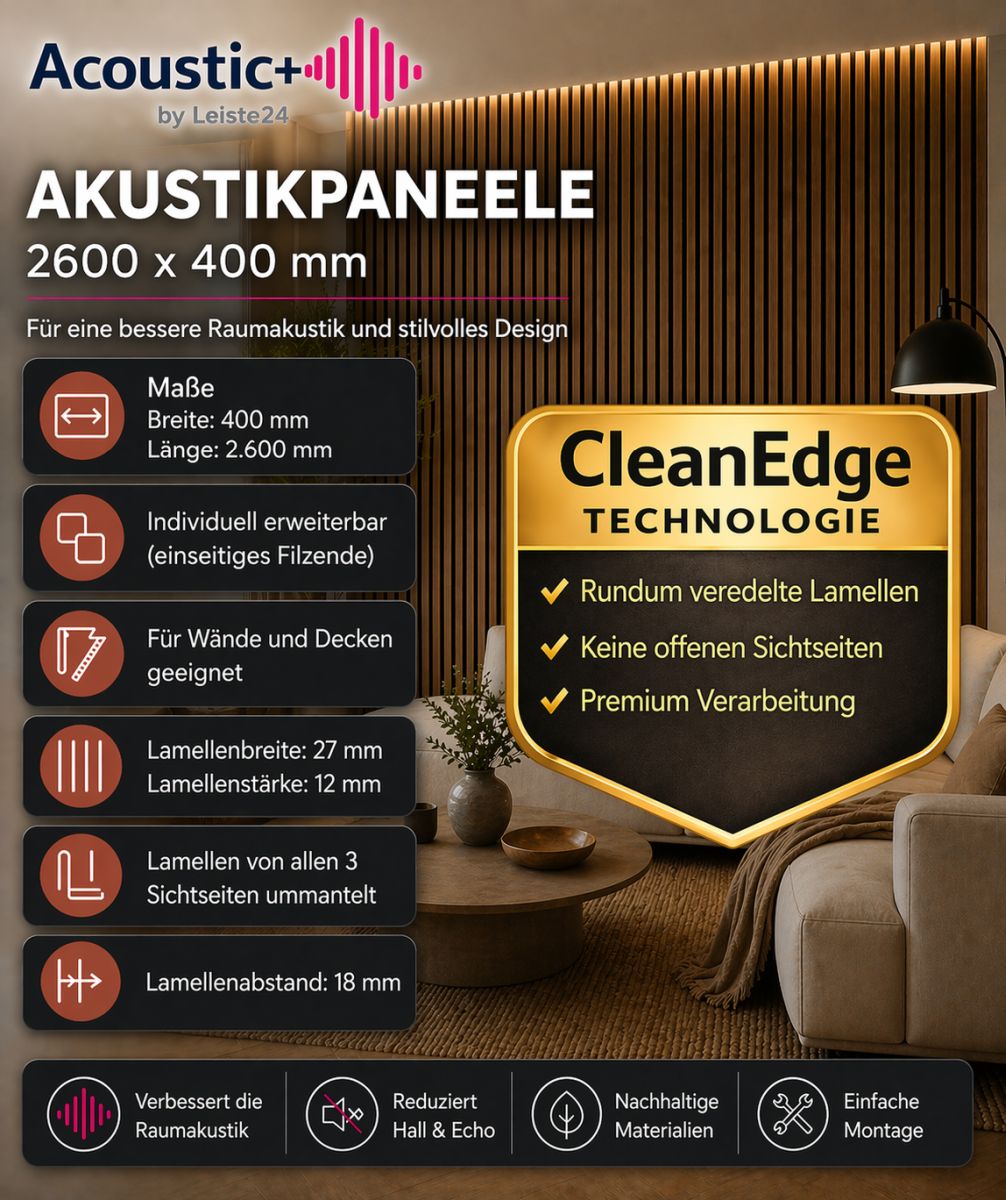 Acoustic+ Premium Akustikpaneel Eiche lackiert 2600 x 400 mm - Akustikfilz Grau