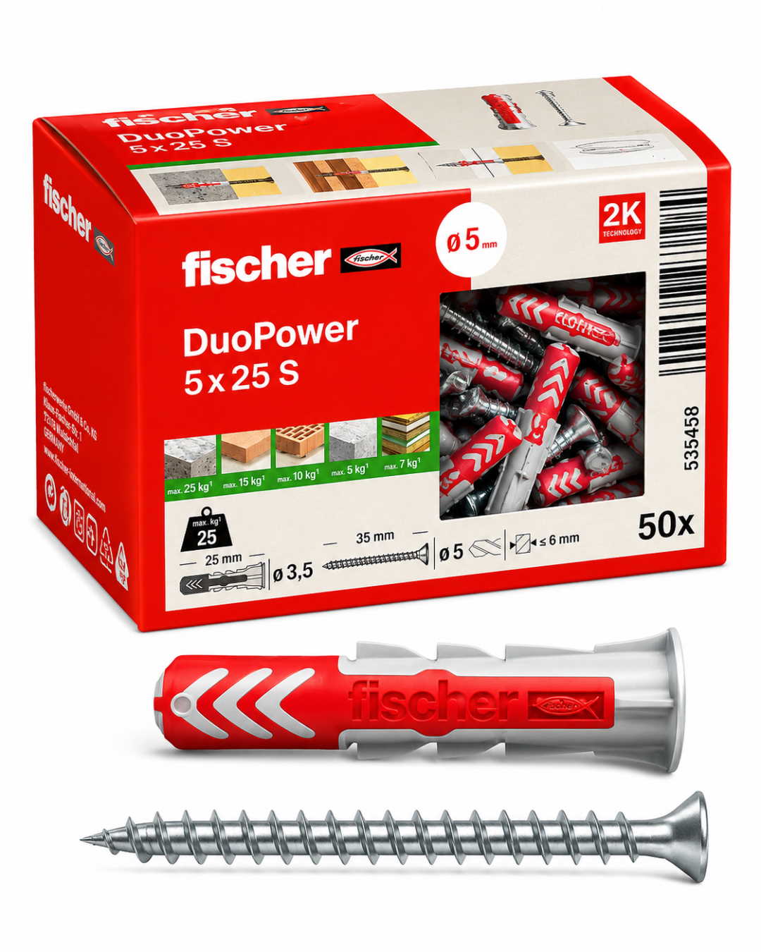 Profi Befestigungs-Set 5x25 S - Fischer DuoPower Dübel & Schrauben (50 St.)