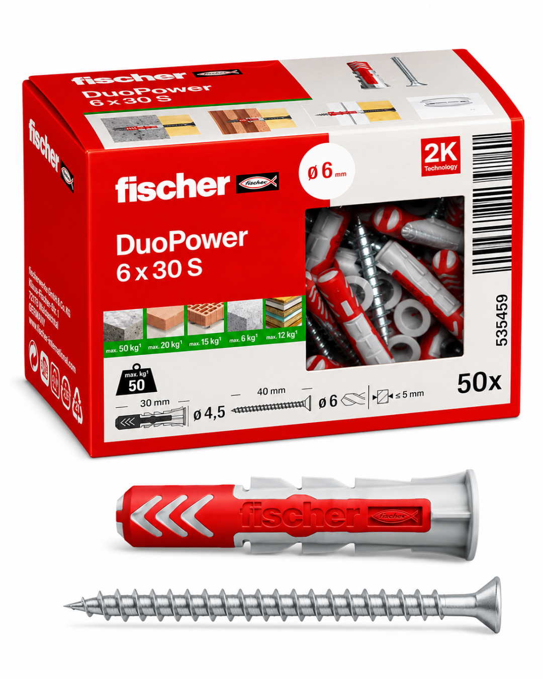 Profi Befestigungs-Set 6x30 S - Fischer DuoPower Dübel & Schrauben (50 St.)