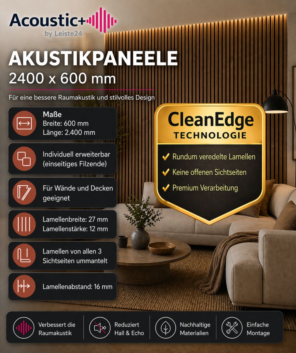 Acoustic+ Premium Akustikpaneel Kork Fein 2400 x 600 mm - Akustikfilz Grau